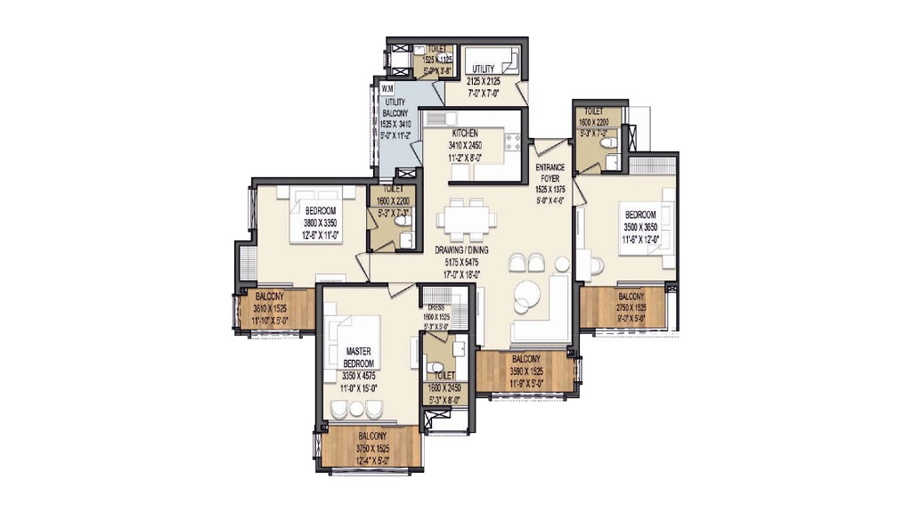 Unit 1 - 3 BHK Luxury Floor Plan